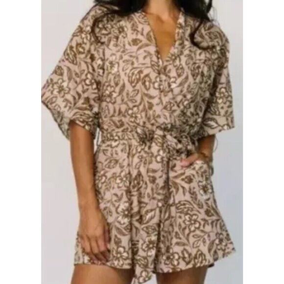 EUC Baltic Born Romper Size Small S Floral Cream Brown Lined Belt Boho - Picture 1 of 9